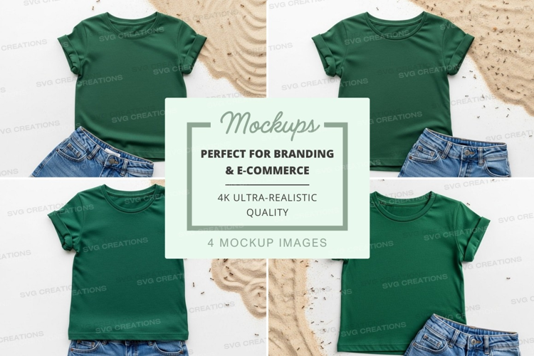 Mockup: green t-shirt and denim shorts on sand