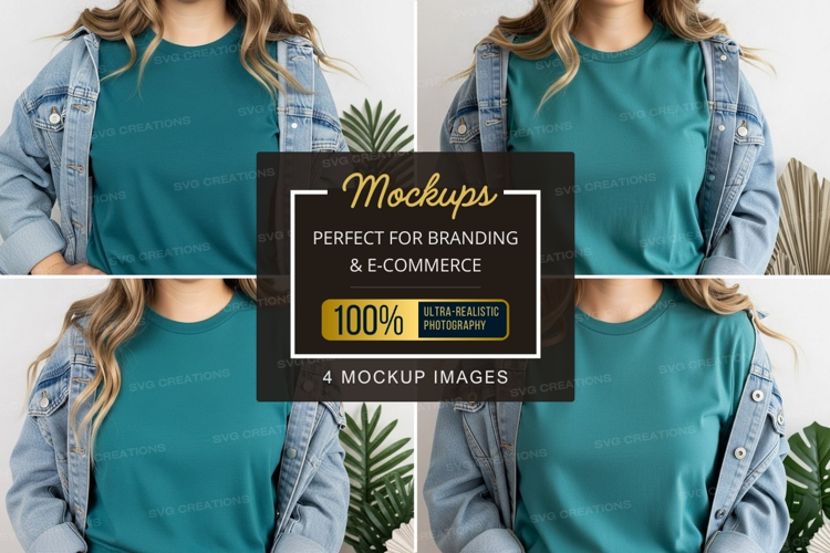 Teal t-shirt mockup with denim jacket