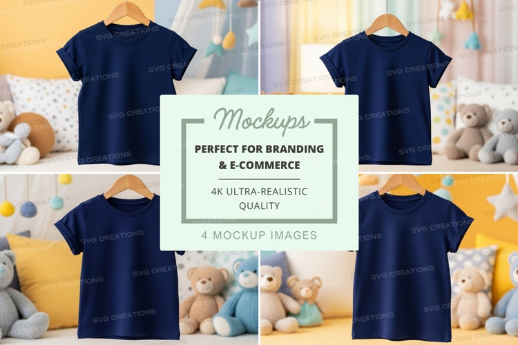 Mockup of navy blue t-shirts for kids in a cozy nursery sett