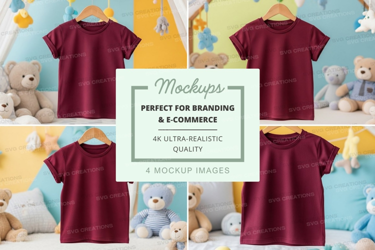 Mockup of children's t-shirts in a playful nursery setting