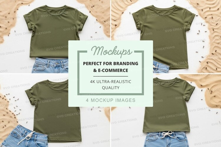 Mockup of green t-shirt with denim shorts example image 1