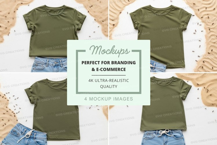 Mockup of green t-shirt with denim shorts