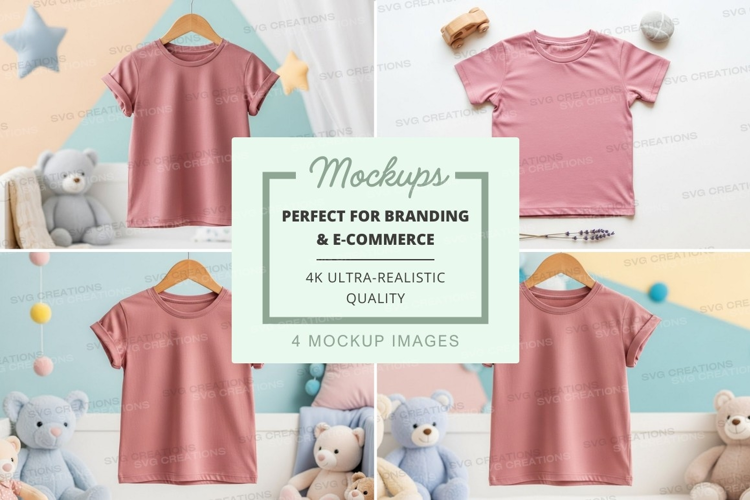 Mockup of pink t-shirts in a children's room setting