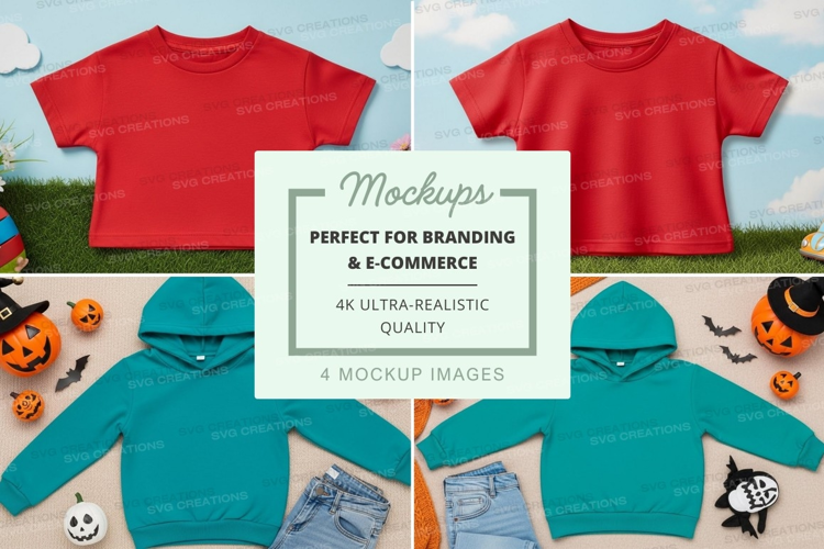 Mockup of red t-shirt and green hoodie with halloween decora