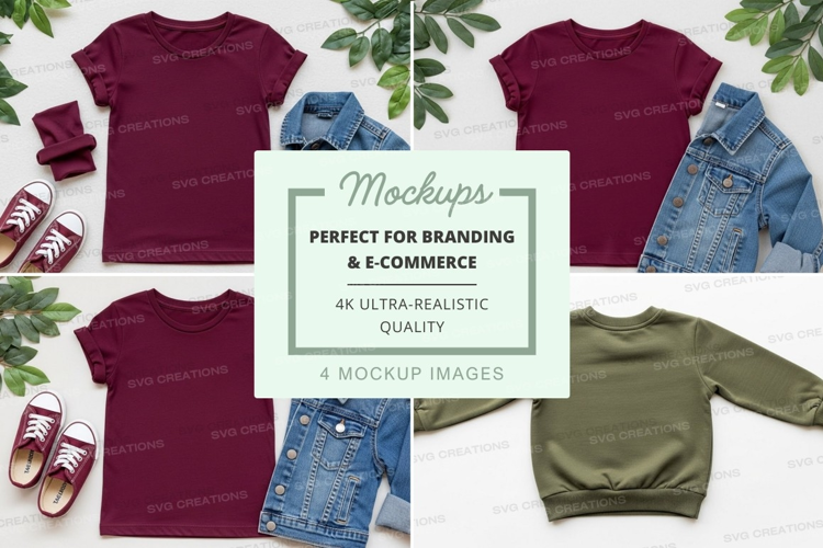 Mockup: kids' clothing outfit with t-shirts, denim jacket, a
