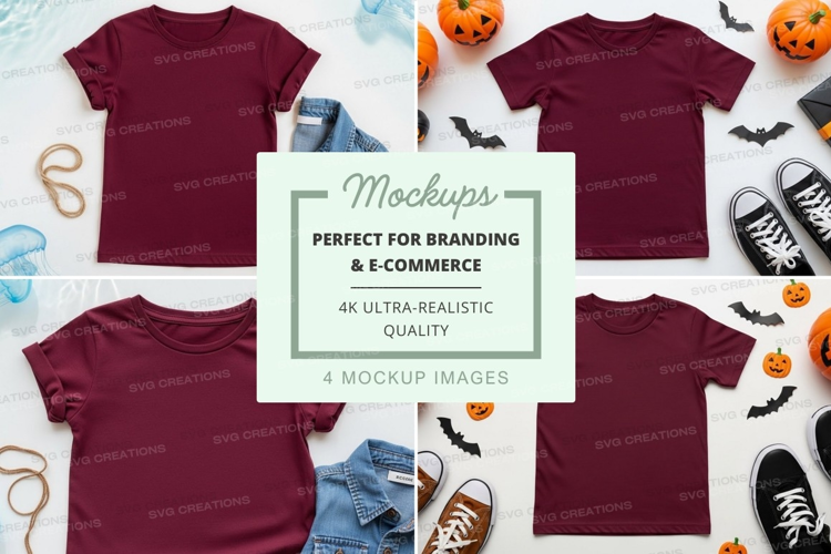 Mockup of maroon t-shirts with halloween themed accessories