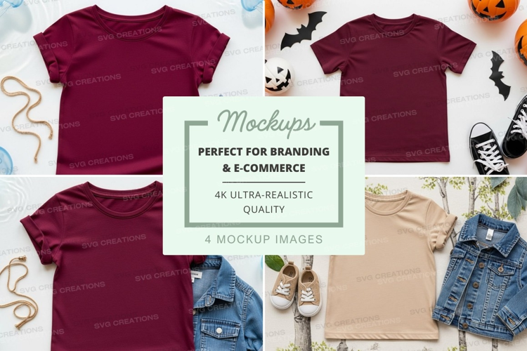 Mockup: kids' t-shirts with halloween themed accessories