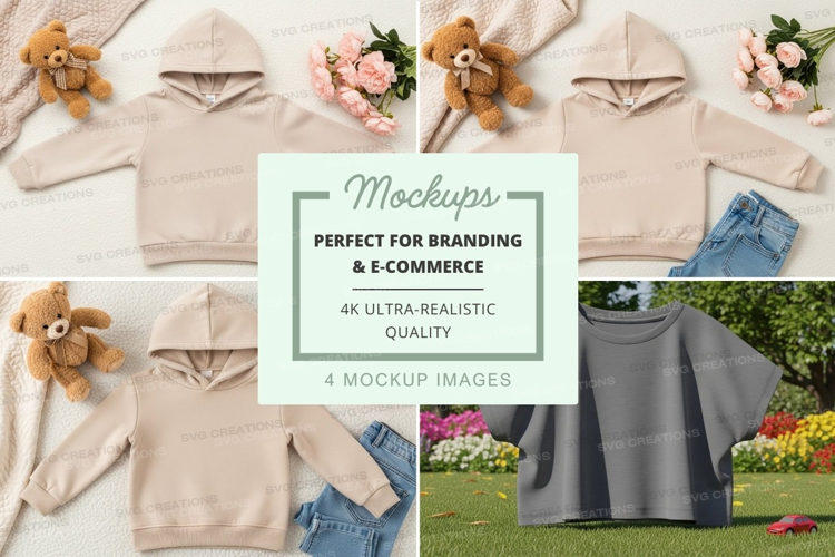 Mockup: casual hoodies and jeans with teddy bears and flower