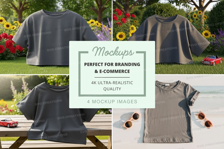 Mockup: casual summer t-shirts in a garden setting