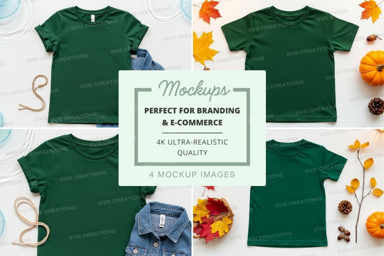 Mockup: green t-shirts with autumnal elements