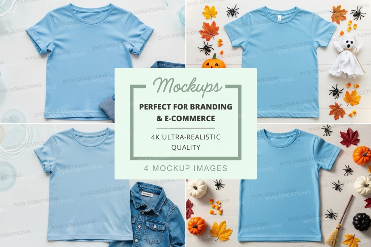 Mockup: kids' blue t-shirts with autumn decorations