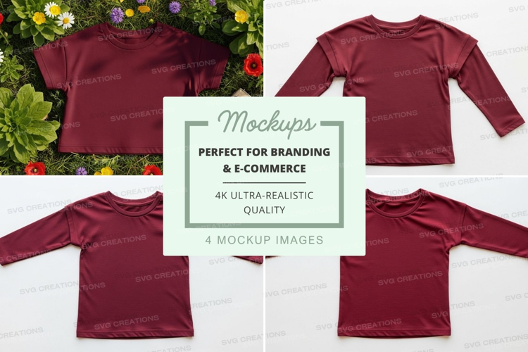 Mockup of maroon long-sleeve shirt in various angles