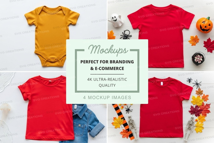 Mockup of baby and toddler clothing with halloween decoratio