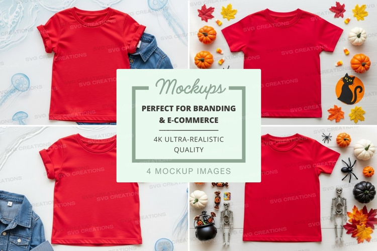 Mockup of red t-shirts with halloween themed elements