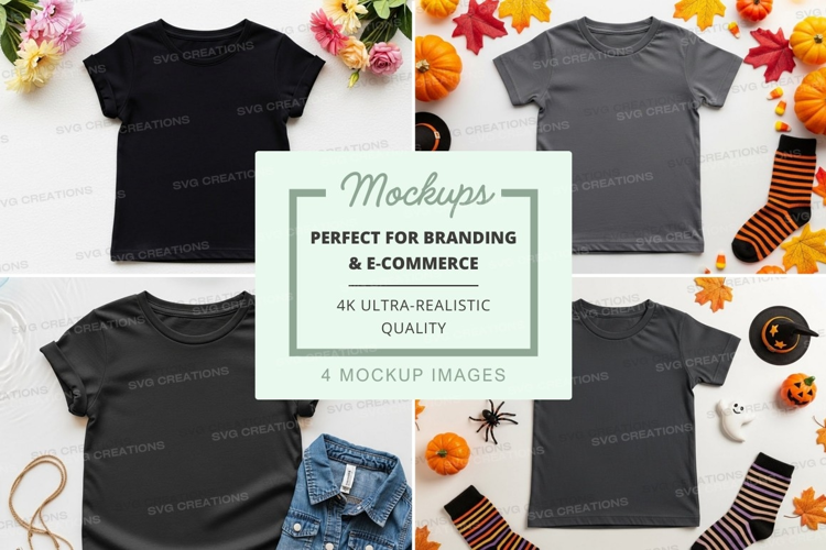 Mockup: kids' t-shirts with halloween decorations