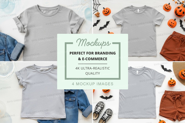 Mockup of grey t-shirts with halloween themed accessories