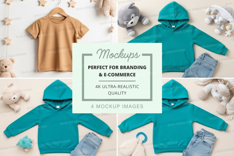 Mockup of children's clothing with stuffed animals