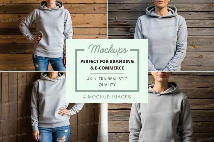 Light gray hoodie mockup on wooden wall background