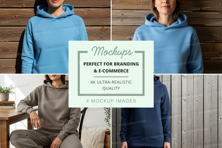 Hoodie mockup in light blue, dark blue, and gray