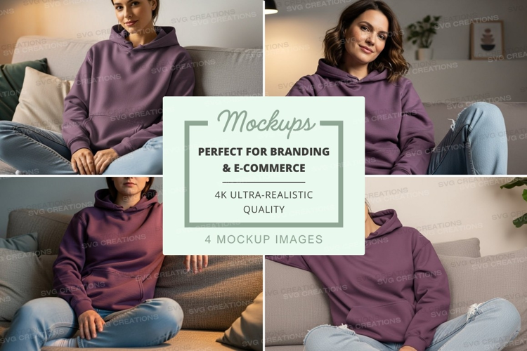 Purple hoodie mockup on sofa