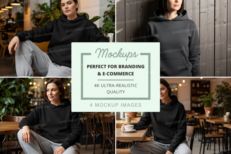 Black hoodie mockup in various indoor scenarios