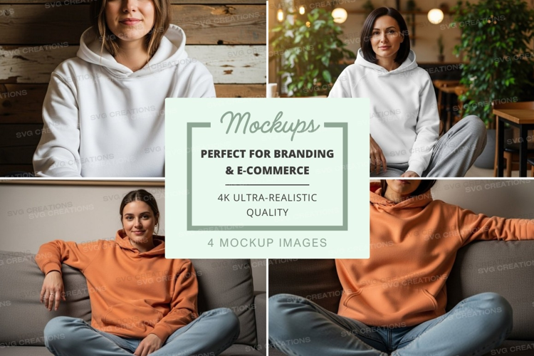 Hoodie mockup with models in living room setting