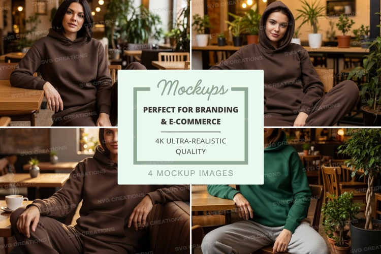 Four people wearing turtleneck sweaters in a cafe