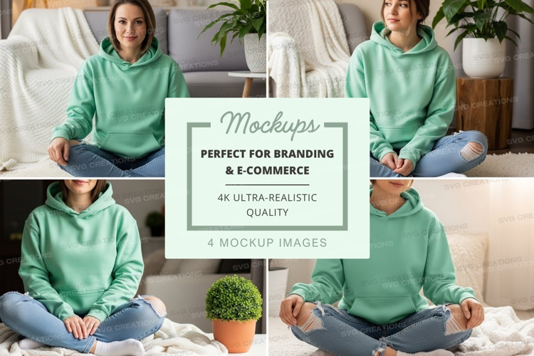 Hoodie mockup - light green hoodie worn by woman in living r