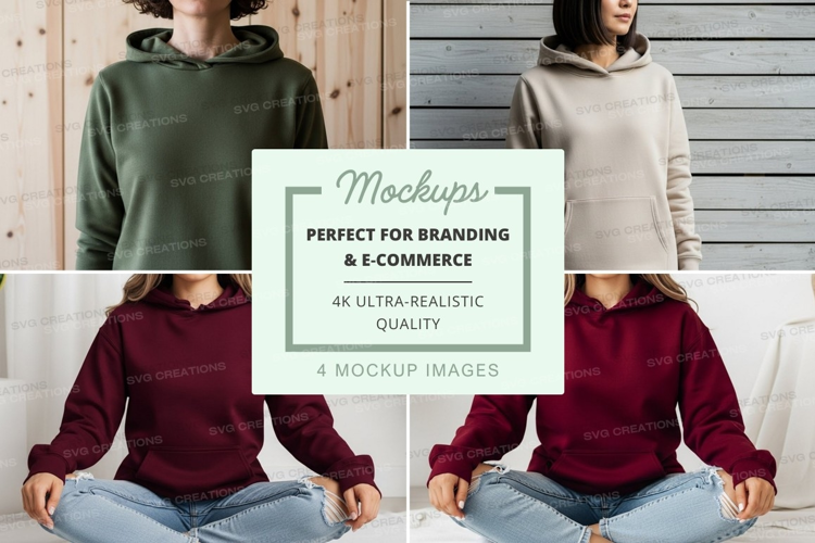 Hoodie mockup in green, beige, and burgundy colors