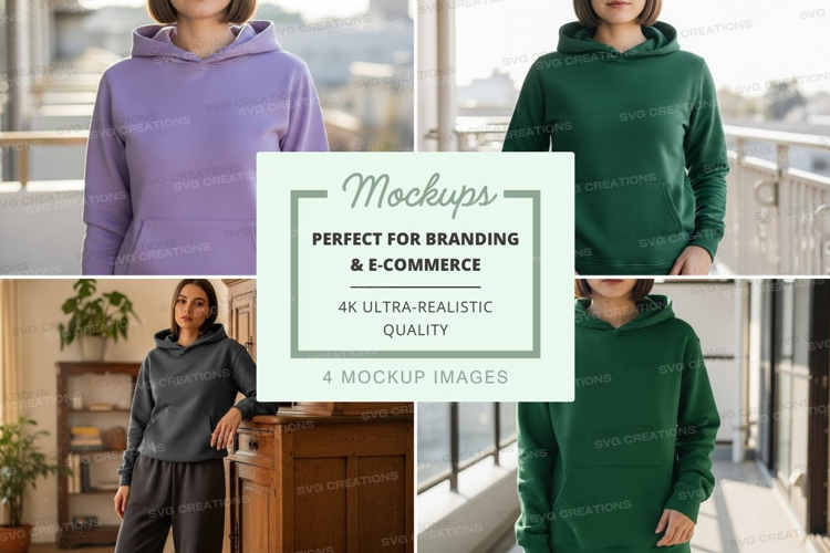 Hoodie mockup in lavender, green, and gray