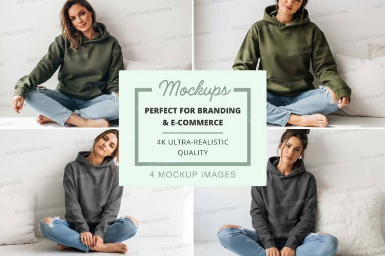 Hoodie mockup - olive green and dark gray, model sitting on