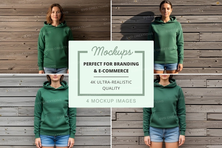 Green hoodie mockup on wooden wall