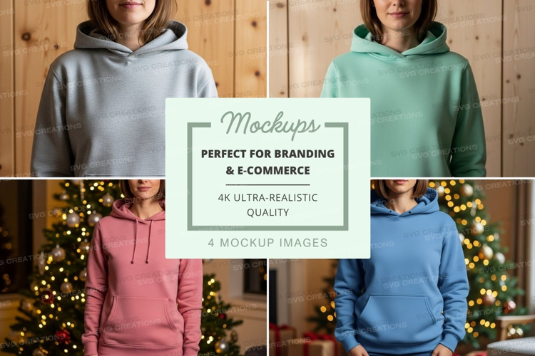 Hoodie mockup in light gray, mint green, pink, and blue colo