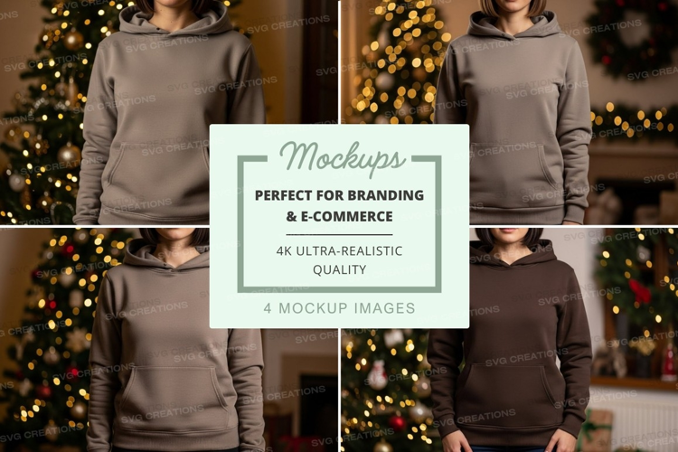 Hoodie mockup in four views with christmas decorations
