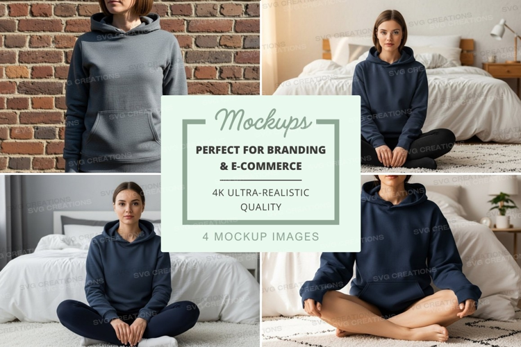Hoodie mockup in blue with model in bedroom setting