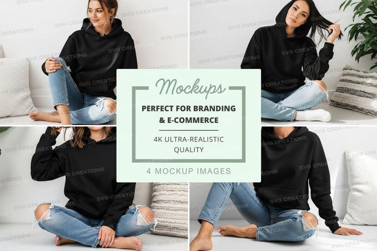 Hoodie mockup with model in relaxed indoor setting