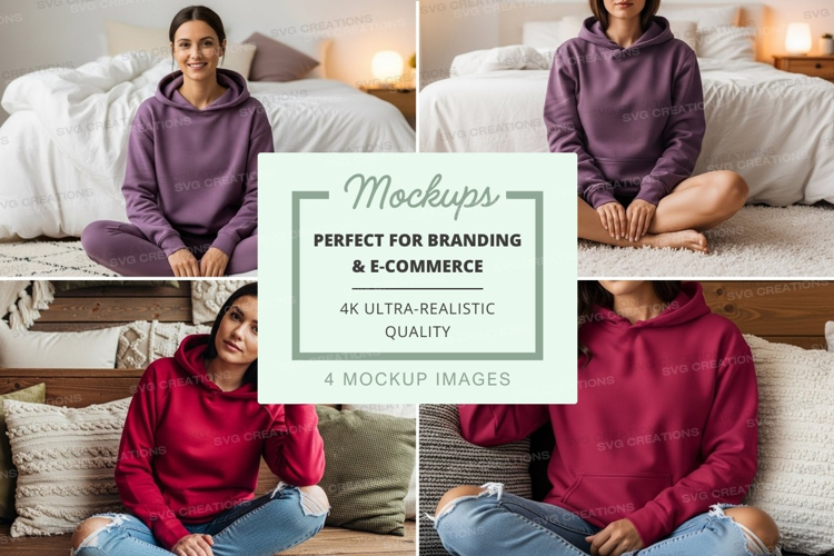Hoodie mockup with model in bedroom setting