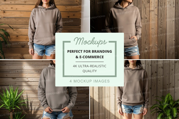 Hoodie mockup with person wearing shorts in front of wooden