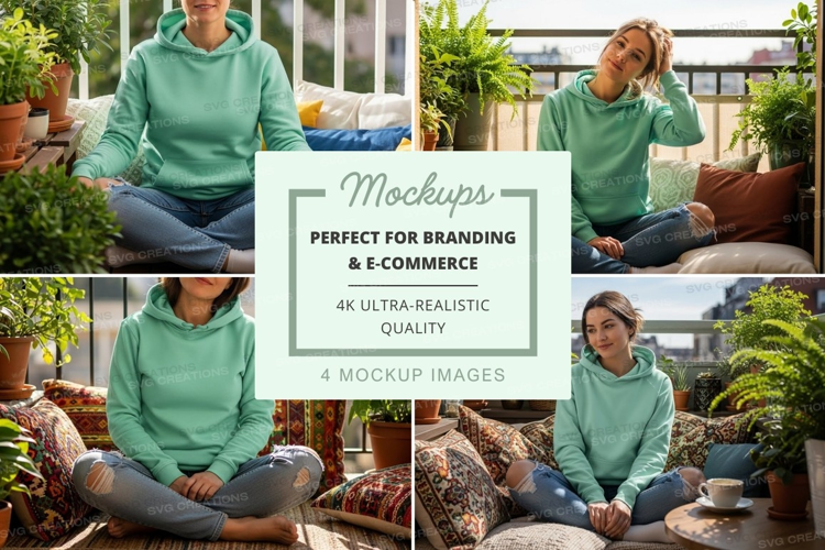 Green hoodie mockup on balcony