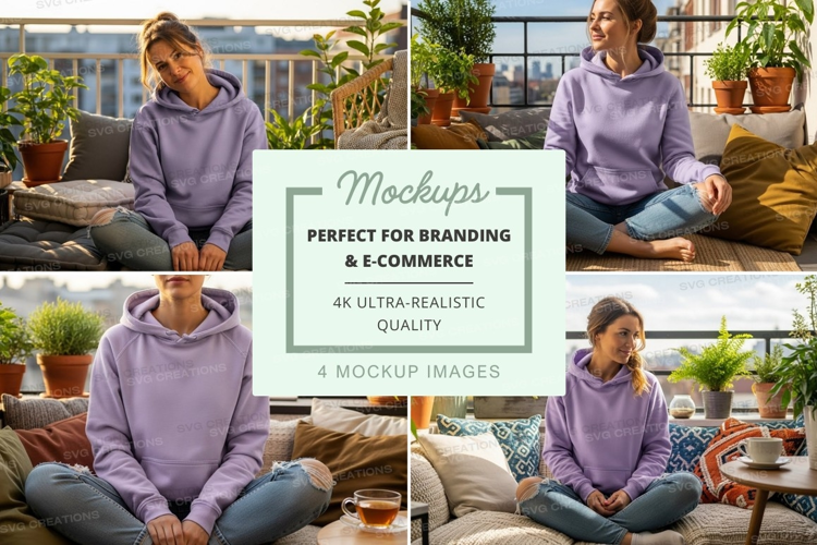 Hoodie mockup with purple hoodie in relaxing indoor setting