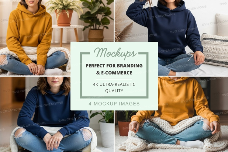 Hoodie mockup - four models wearing hoodies in yellow and na