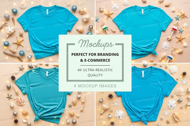 Mockup of turquoise t-shirts with seashells