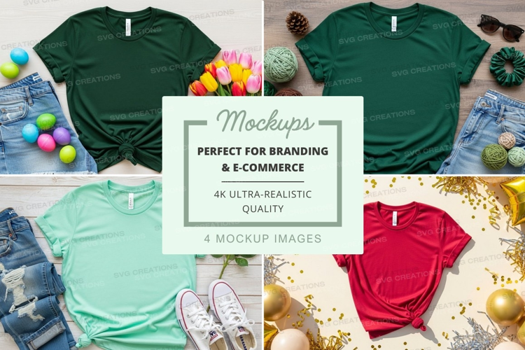 Mockup display of colorful t-shirts with seasonal decoration