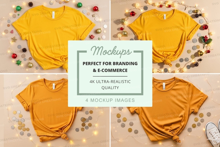 Mockup of yellow and orange t-shirts with holiday decoration