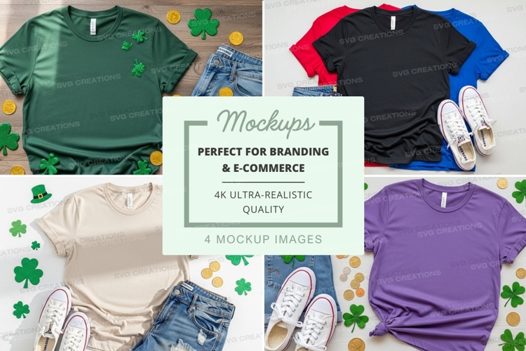 Mockup of t-shirts with various designs and accessories