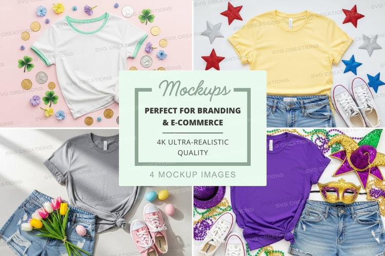 Mockup: colorful t-shirts with accessories
