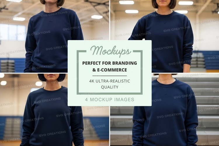 Four people wearing navy blue crew neck sweatshirts in a gym