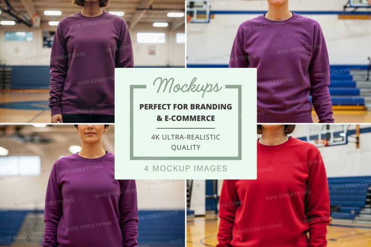 Purple and red long sleeve t-shirt mockup in gym setting