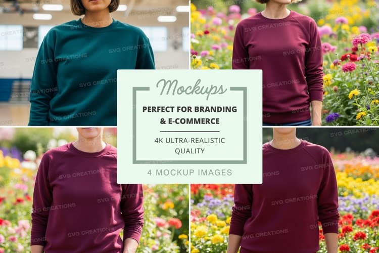 Long sleeve t-shirt mockup in teal and burgundy colors