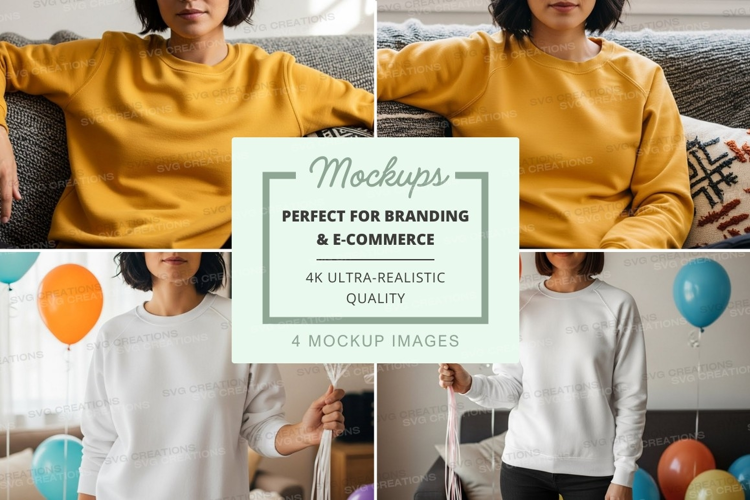 Group mockup of four individuals wearing sweatshirts and hol